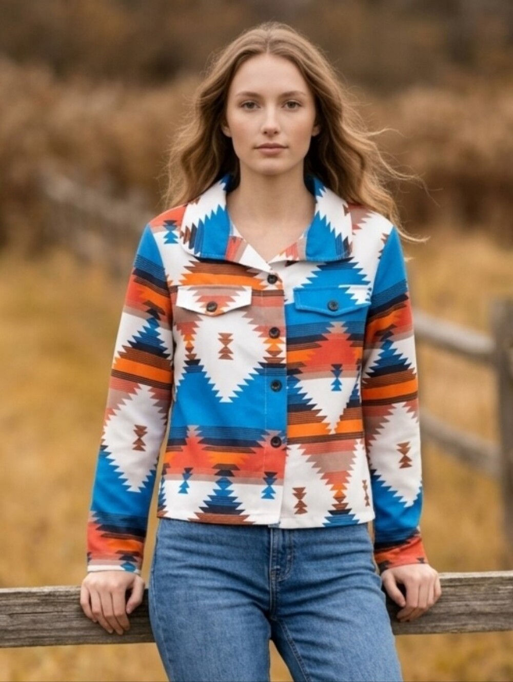 Aztec-Print Button-Down Shirt Jacket in Blue & Rust
